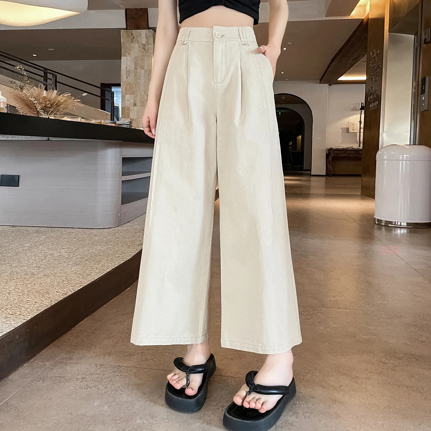 SpringSummer Cotton Wide Leg Pants Suitable for Women Waist Solid Casual Loose Ankle Length Mens Style 250428