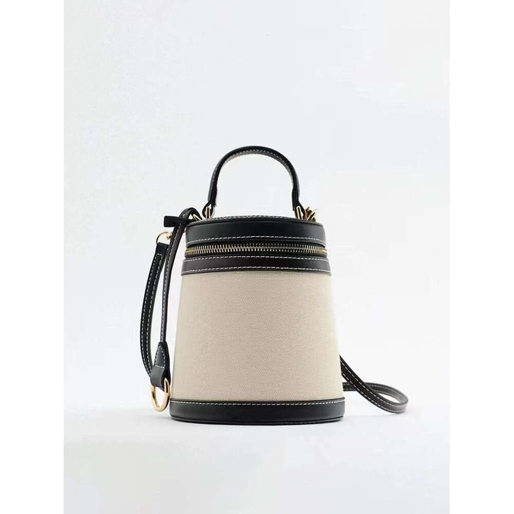 2024 Fashion Women's Spring And Summer New Cylinder Color Box Shape Single Shoulder Oblique Canvas Bucket Bag