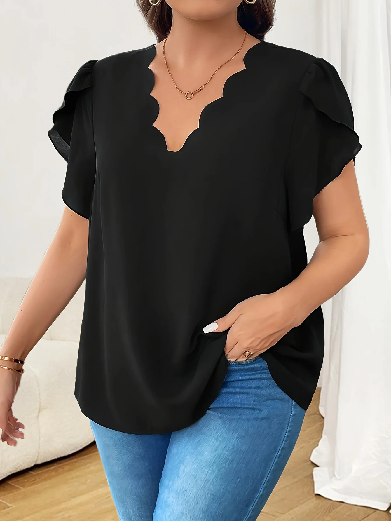 Large size womens casual printed personalized clothing oversized spotted trimmed petal sleeves tops 250430Z