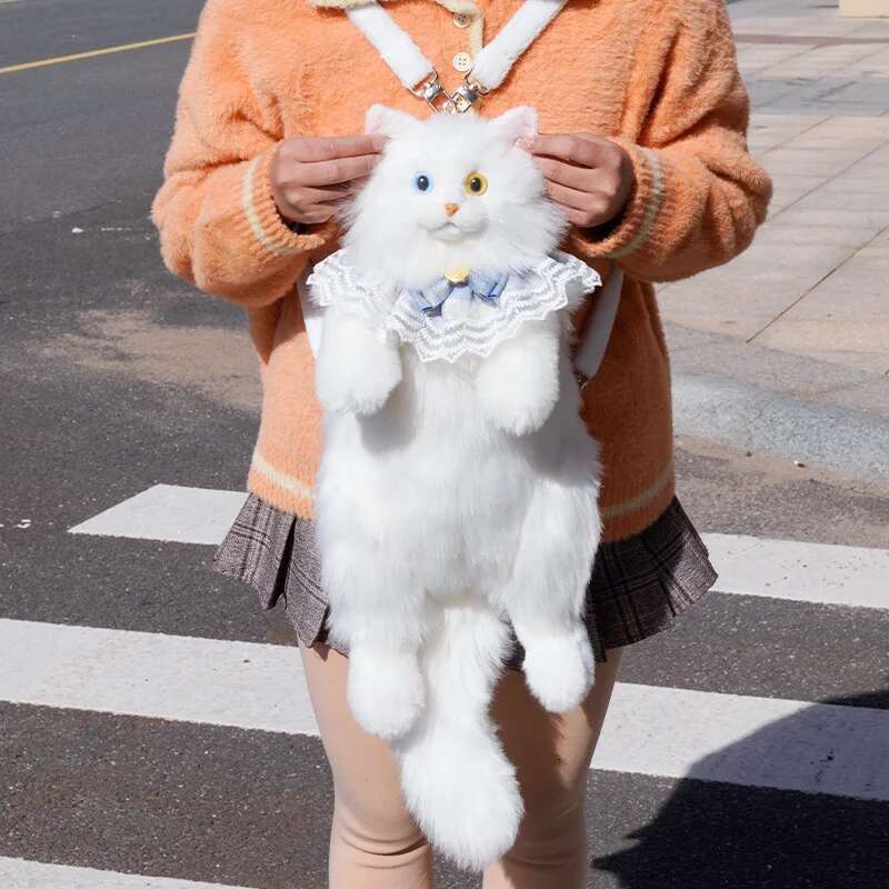 Super Cute Trendy Fashion White Plush Girl Backpack Pure Handmade Simulation Cat Shopping Bag Birthday Gifts For Kids