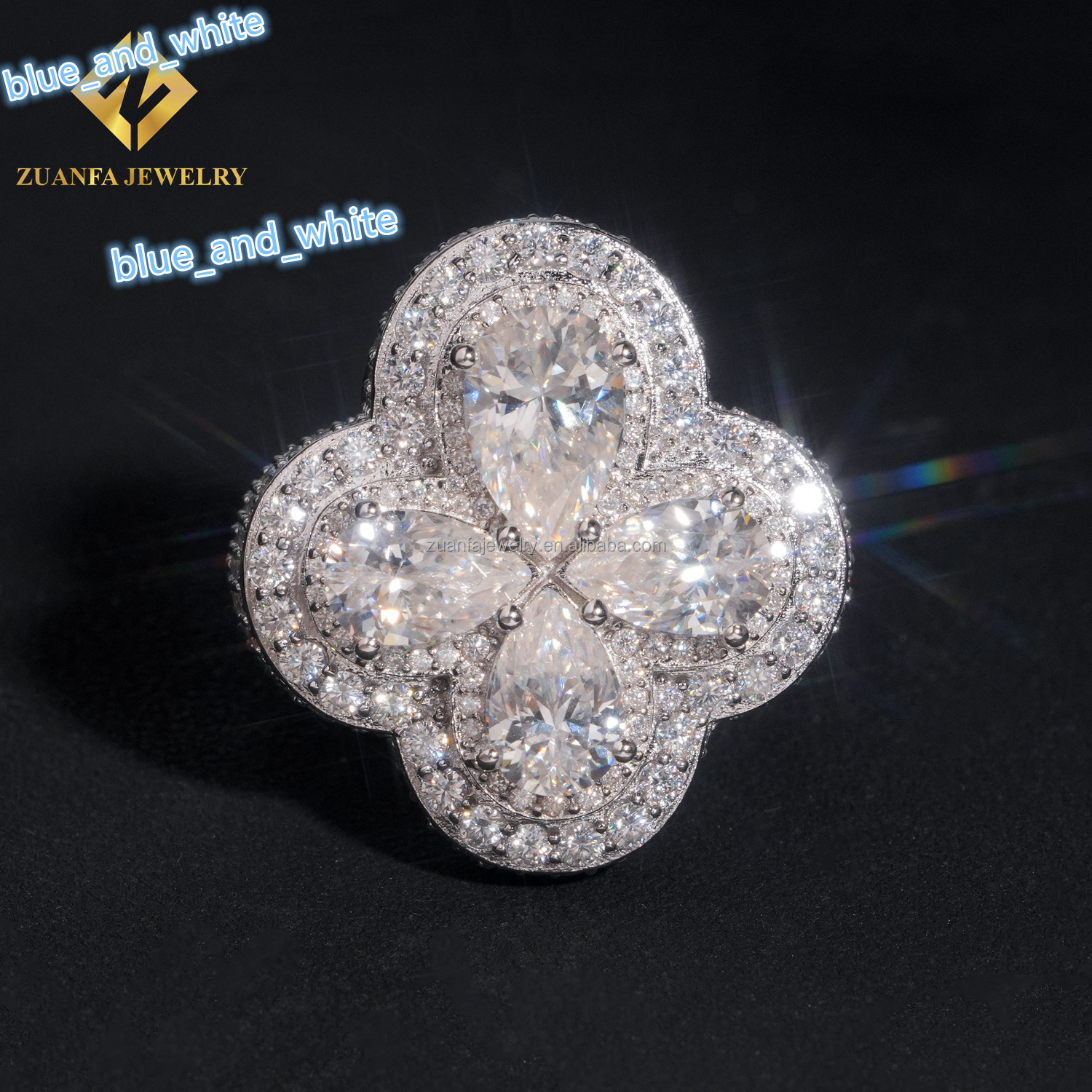 Pass Diamond Tester Stylish Style Rhodium Plated Luxury Iced Out Jewelry VVS1 Pear Moissanite Diamond Hip Hop Flower Ring Men
