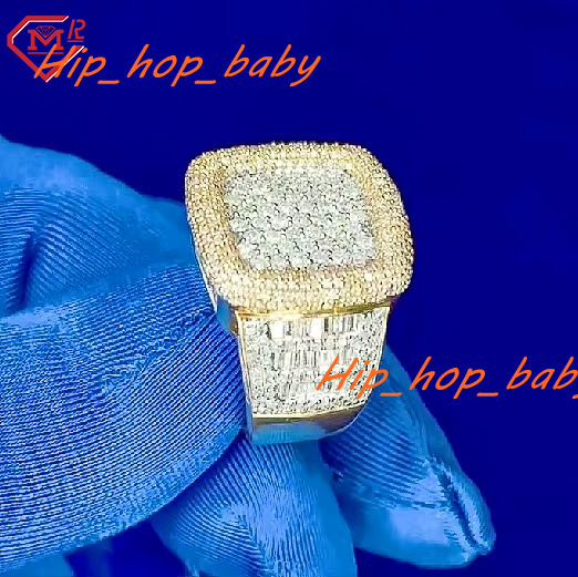 Iced Out Moissanite Ring Men 925 Silver Vvs Rapper Baguette Yellow Gold Color Solid Moissanite Ring