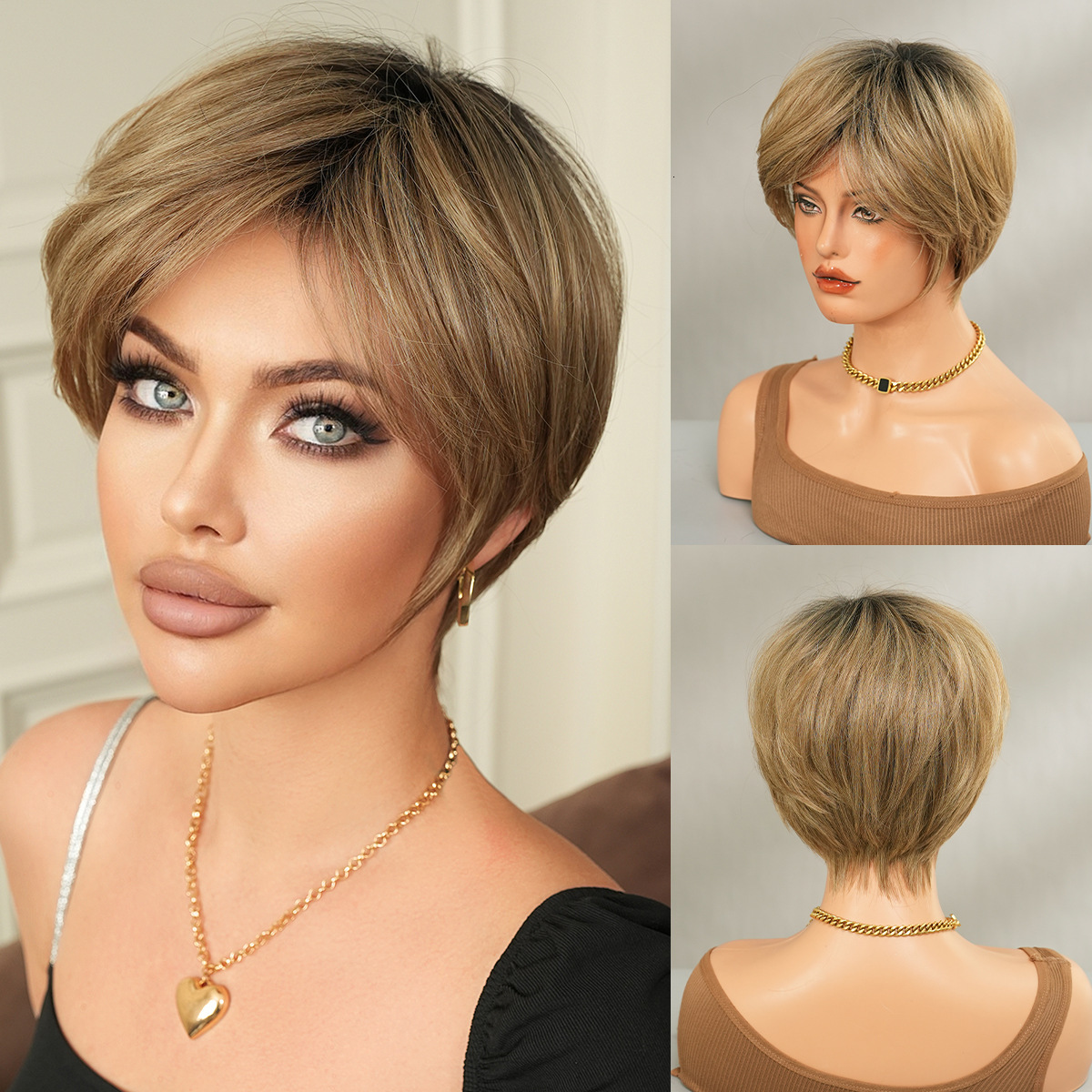 for Wig middle-aged and elderly women with short hair mothers wig full head cover beige diagonal bangs synthetic American frosted hair