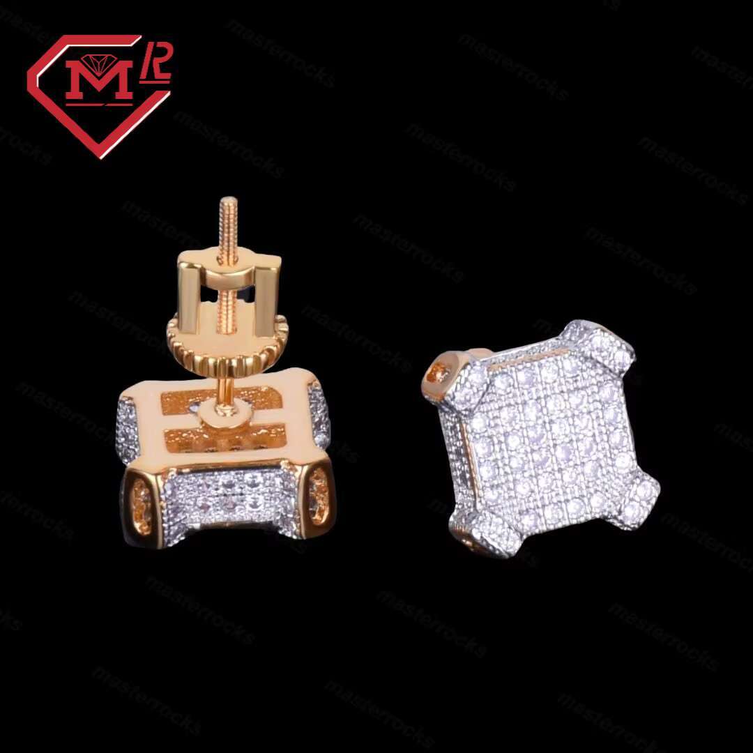 10mm Shine Moissanite Square Iced Out Unisex Earrings Hiphop Fashion Jewelry Gold Plated Earrings