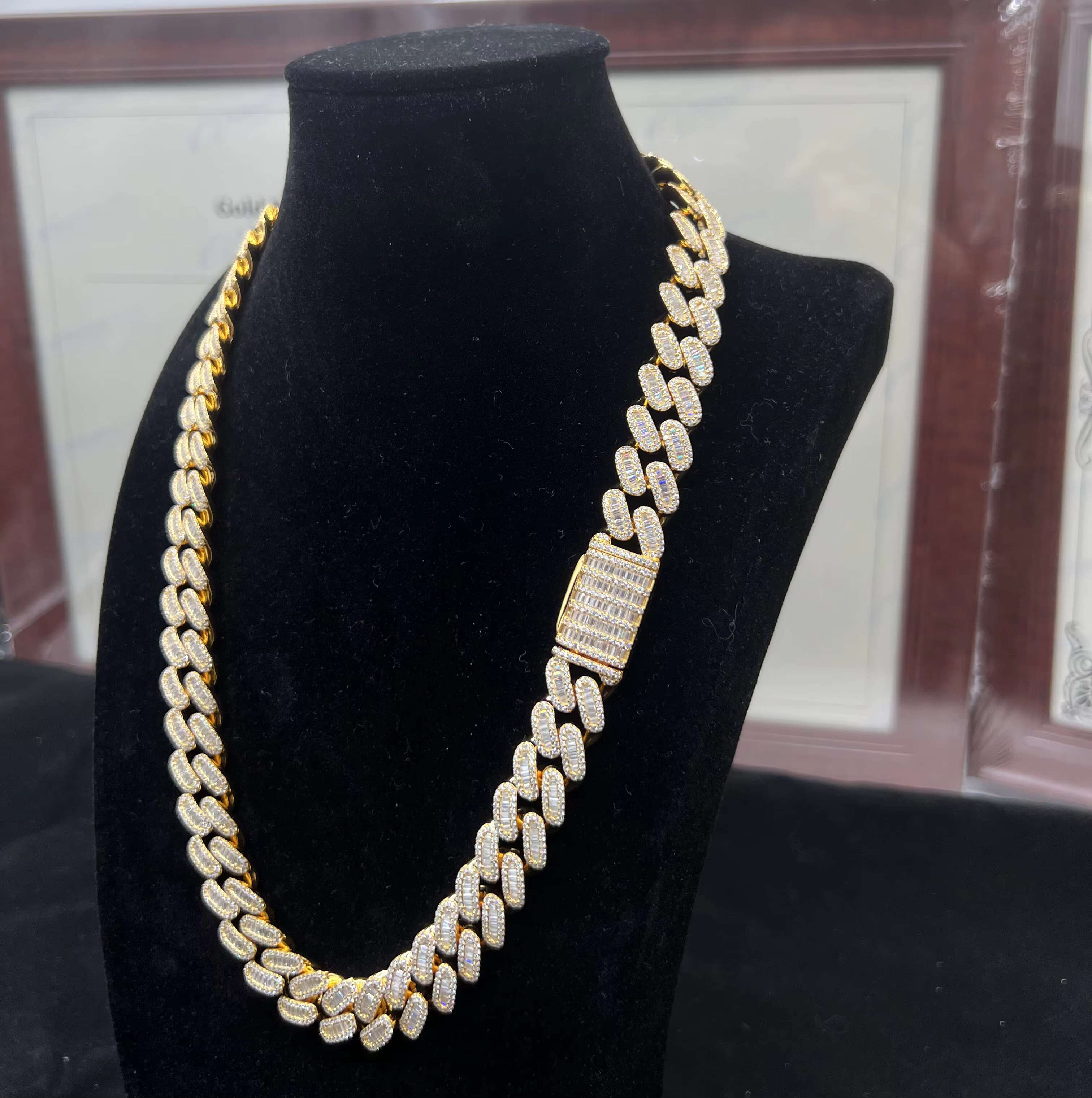 Rappers Cuban Chain Hiphop 12mm 14mm 925 Sterling Silver Baguette Iced Out Miami Moissanite Cuban Link Chain