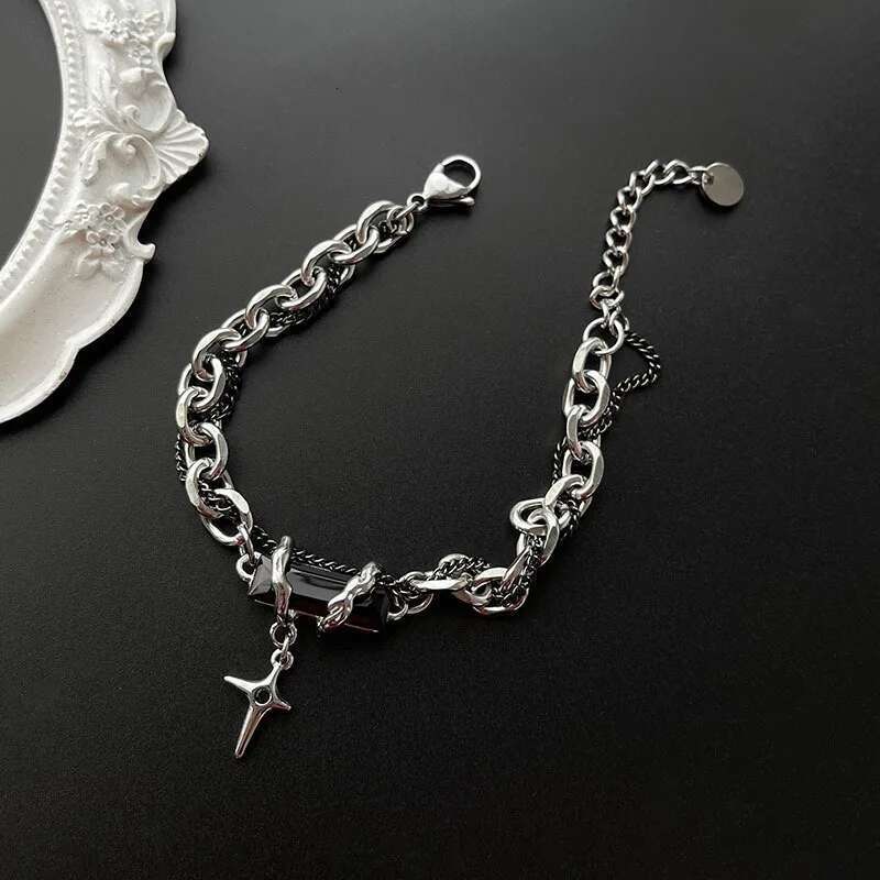 2024 Retro Black Zircon Star Bracelet For Women Men Gifts Trend Titanium Steel Chain Unisex Goth Jewelry New Couple Accessories