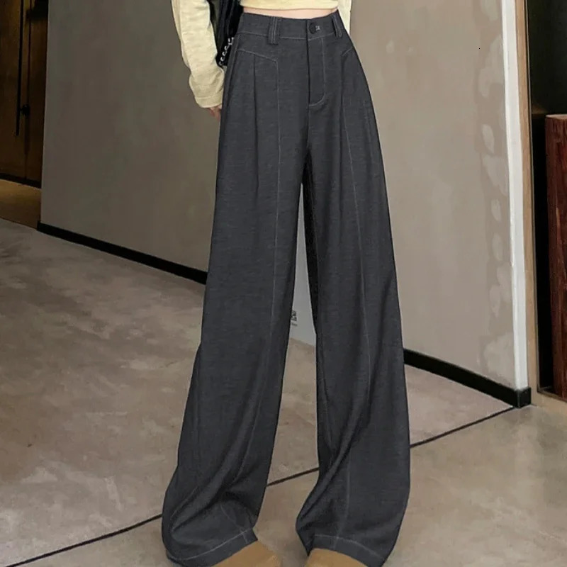 SpringSummer Retro Womens Wide Leg Pants High Waist Solid Casual Loose Straight Full Length 250428