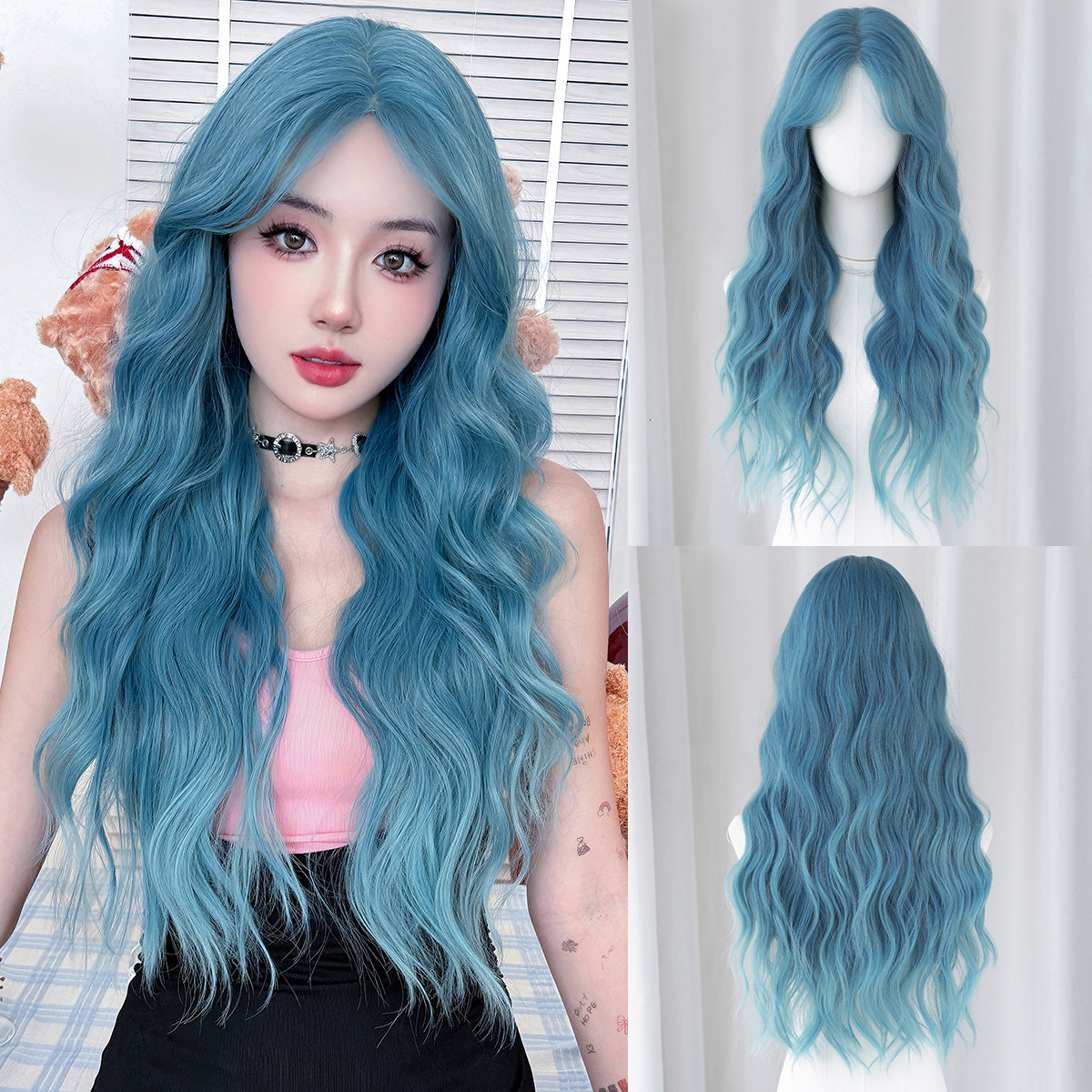 Silver Gradient White High Quality Medium Split Long Curled Hair Small Lace Wig Full Headset for Womens Daily Party Wig