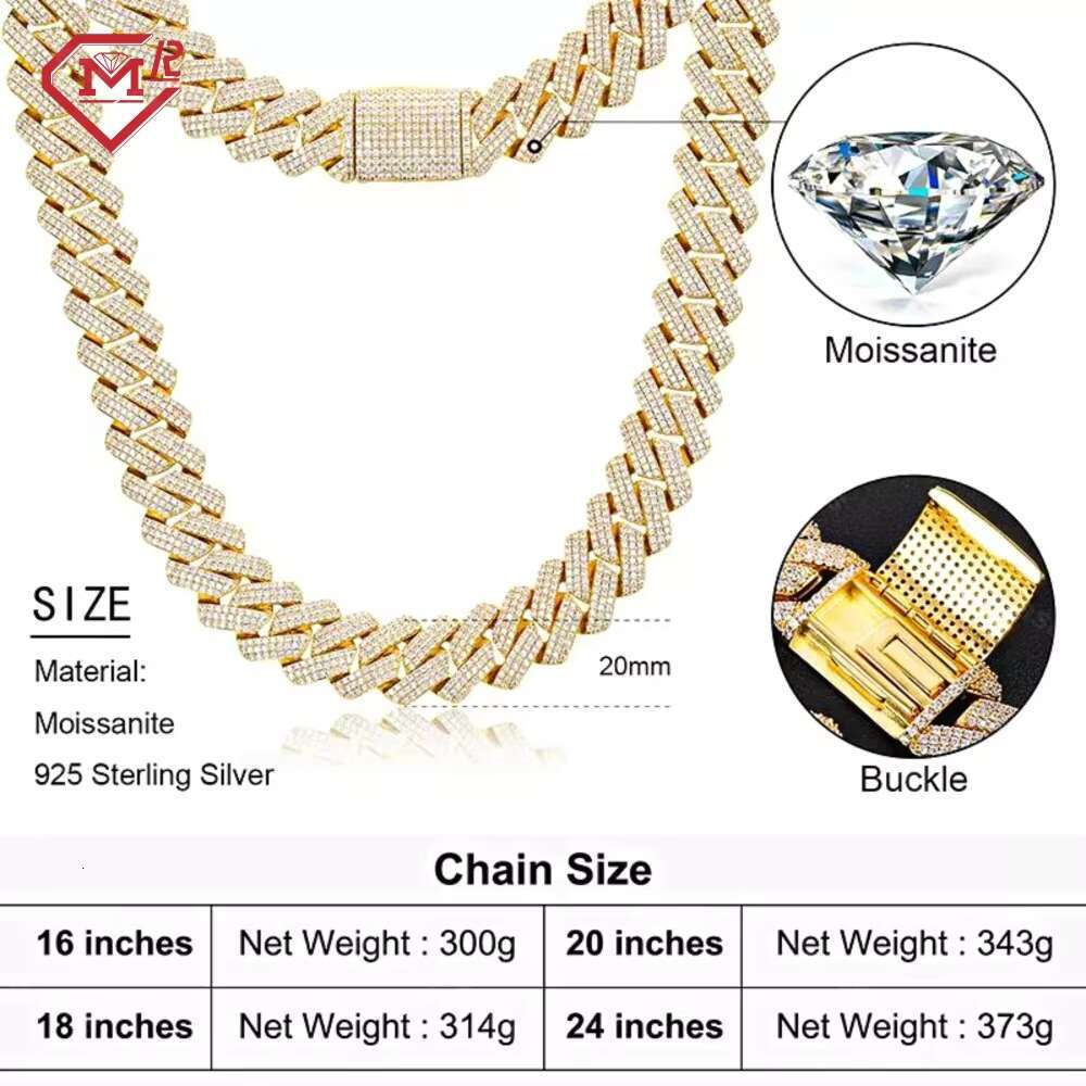Luxury 20MM Miami Cuban Link Chain 925 Sterling Silver Hiphop Iced Out Moissanite Cuban Link Chain