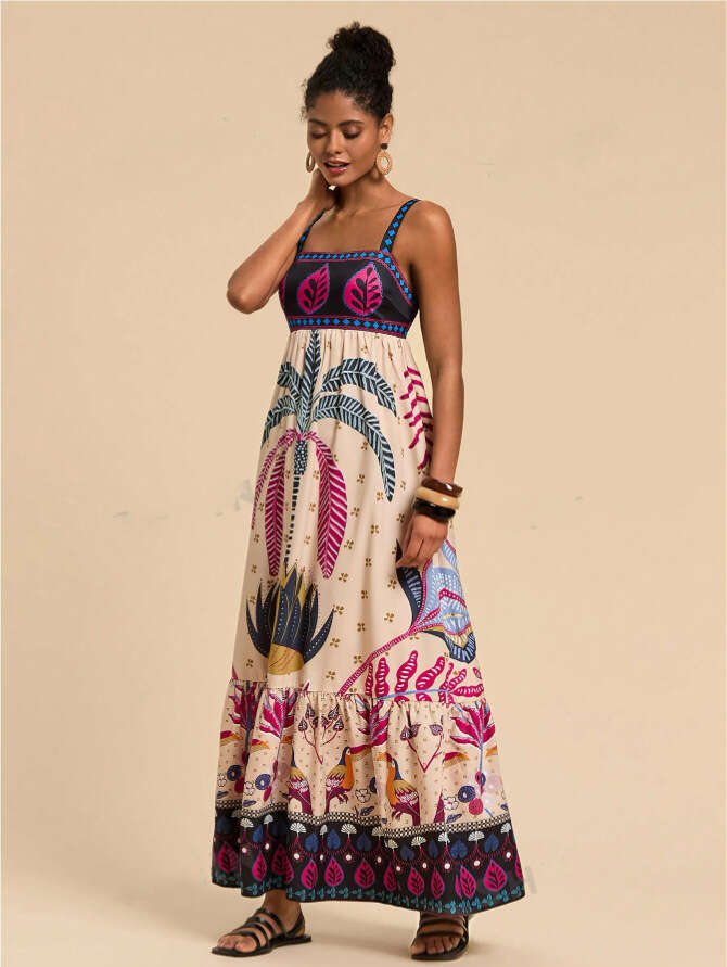 European and American women's tropical printed vacation style Bohemian dress 2025 new casual fashion trend clothing