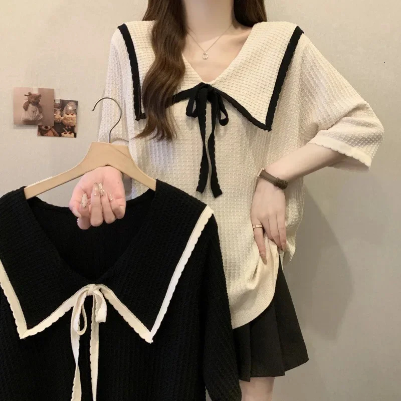 Plus size plus ice silk knitted short sleeved Tshirt with bow loose slimming collar elastic shoulder womens Oh my goodness 250430Z