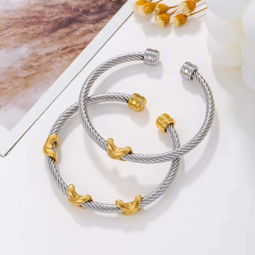 DHCollections 8MM Stainless Steel Cable Bracelet with Gold X Design Adjustable Bangle