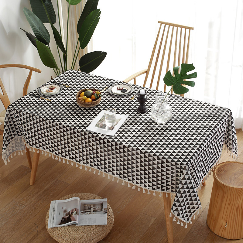 W48 New Chinese Retro Blue and White Porcelain Cotton and Linen ins Rectangular Dining Table Tablecloth Tassel Table Mat Coffee Table Tablecloth
