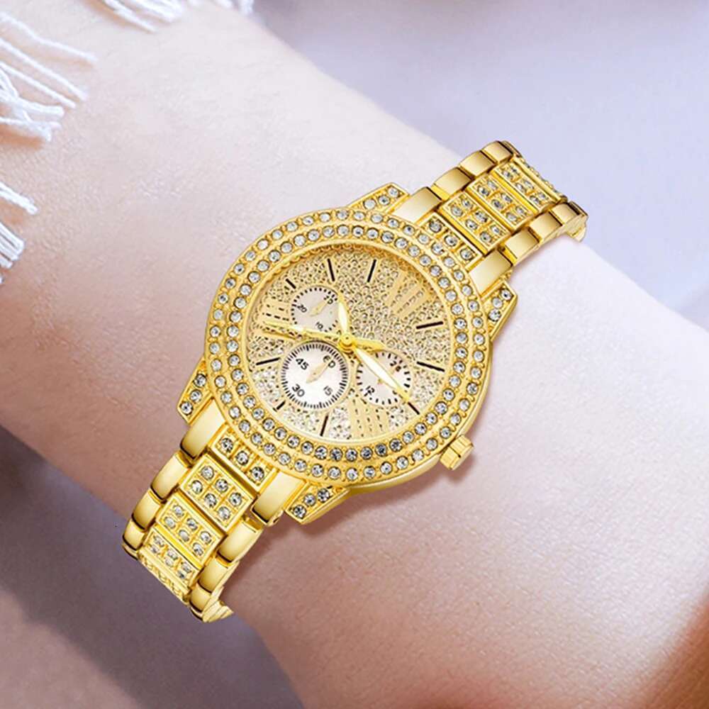 Women's Quartz Watch Gold Women Ring Necklace Earring Rhinestone Fashion Wristwatch Casual Ladies Watches Jewelry Set