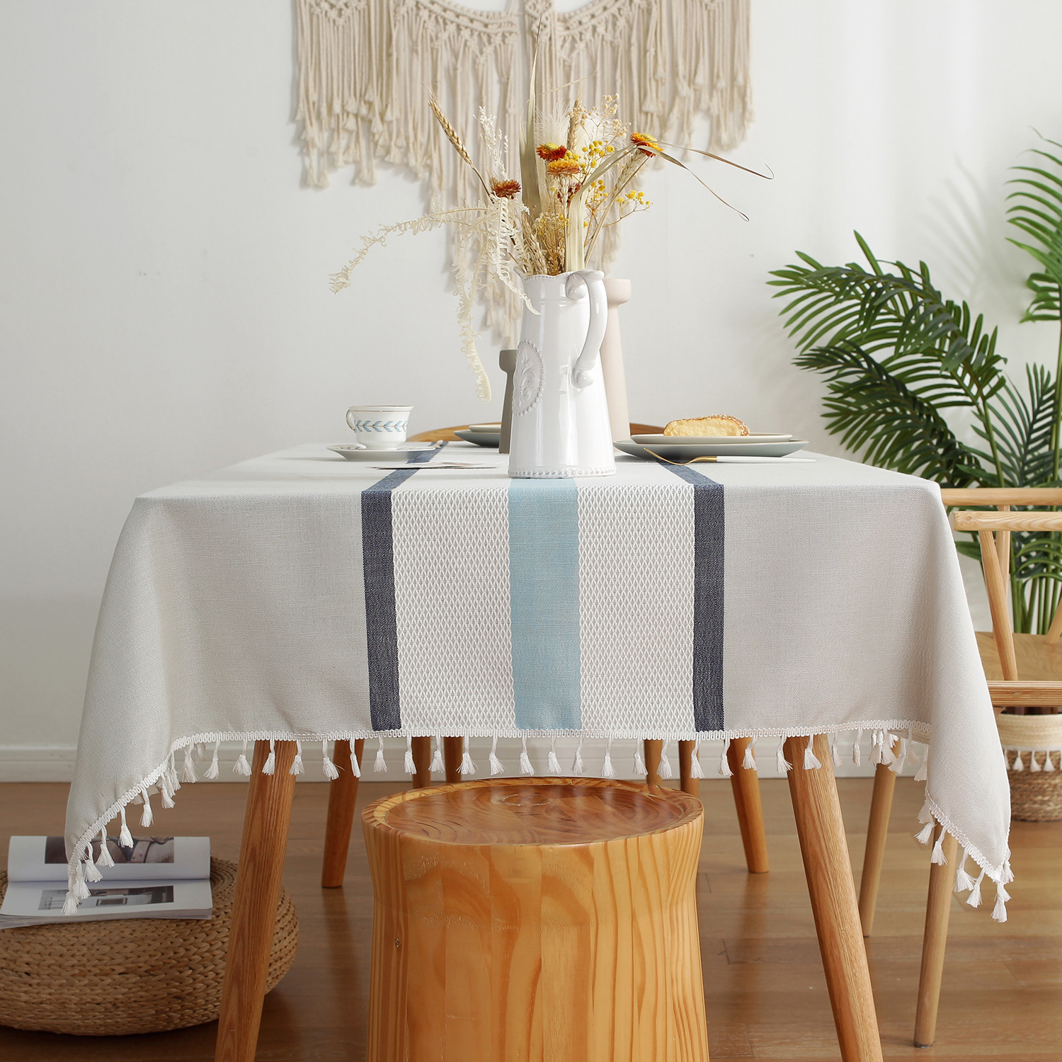 W55 simple grid striped tablecloth coffee table cloth household cotton and linen cloth rectangular symmetrical striped tablecloth table cloth