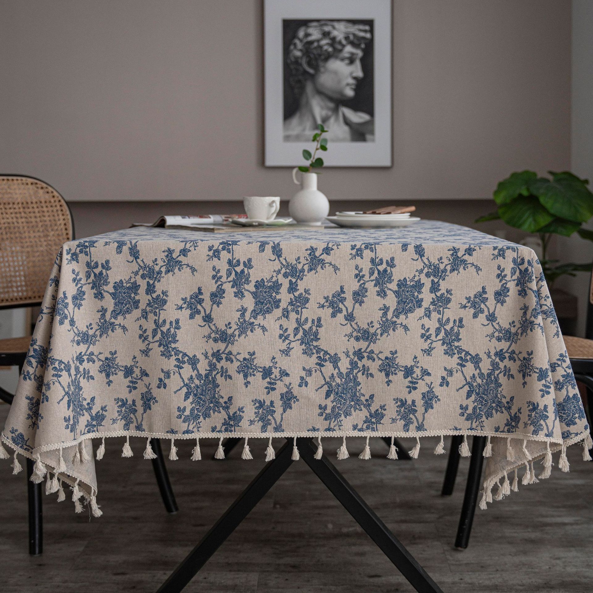 W48 New Chinese Retro Blue and White Porcelain Cotton and Linen ins Rectangular Dining Table Tablecloth Tassel Table Mat Coffee Table Tablecloth