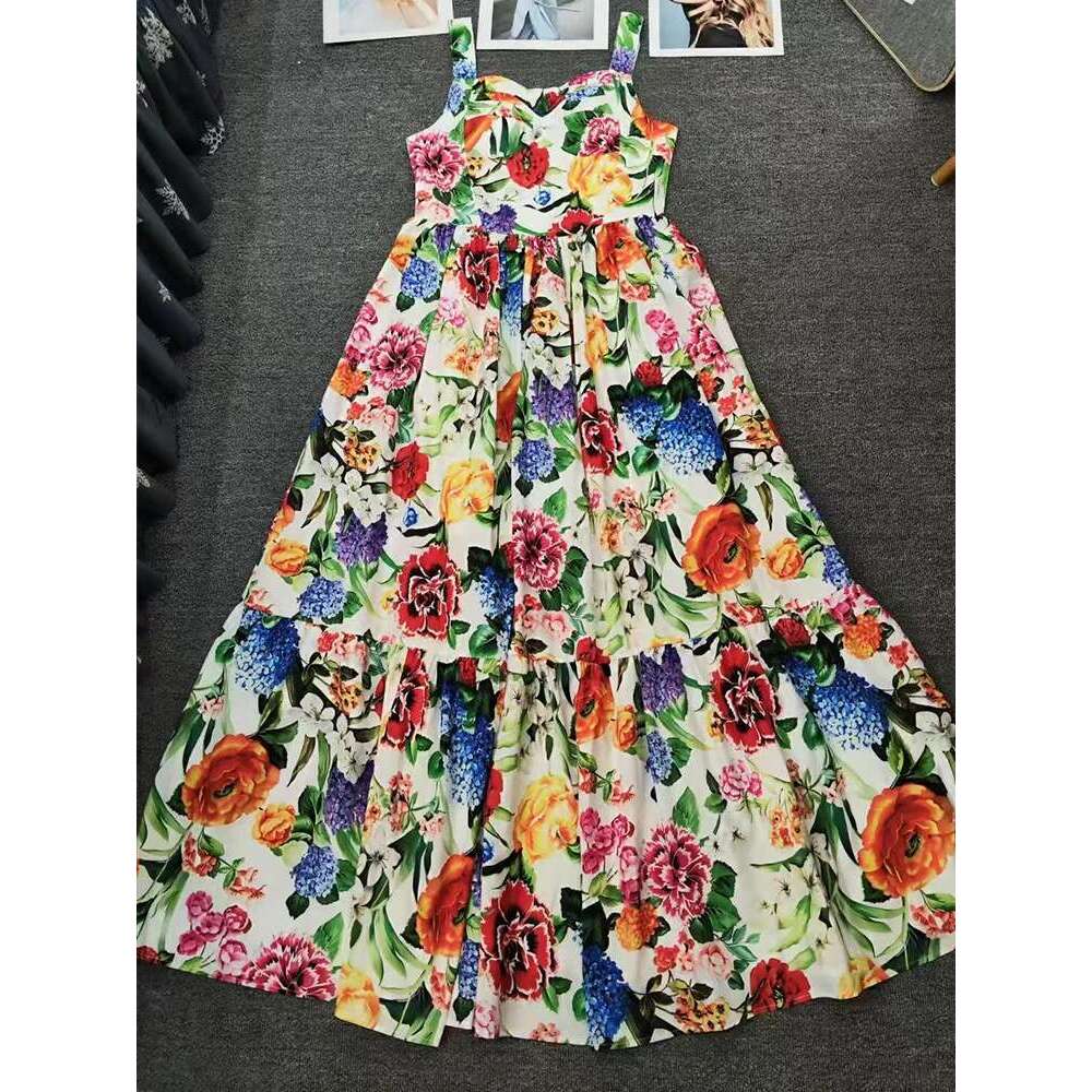 Fashion Clothing Women 2025 Summer Women's New Peach Heart Printed High Waist Dress Elegant Temperament Long Holiday Beach Skirt With Suspenders.
