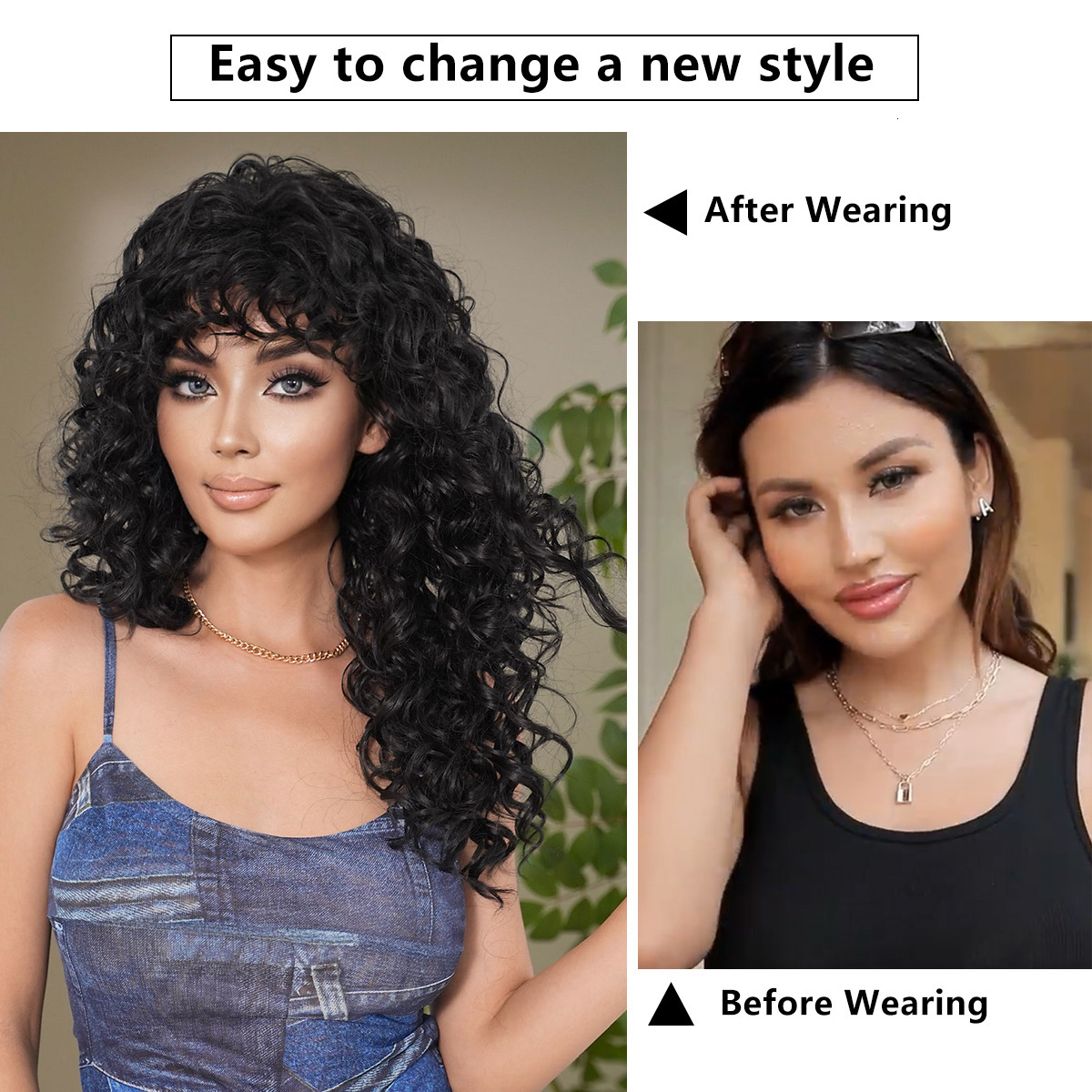 spicy New girl black long curly hair Kinky Curly imitates black deep wave long curly hair with bangs mechanism hair