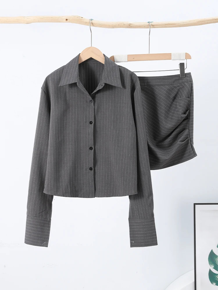 Sexy striped mini skirt set womens lapel single chest shirt Hip Package Skirts 2025 springsummer ultrathin 2piece 250430e