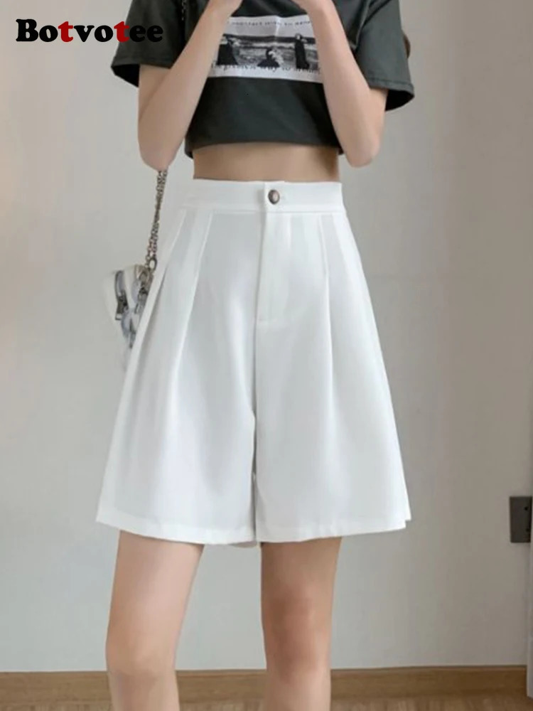 Botvotee Summer White Suit Shorts for Women Elegant Office Dress Shorts with Sashes Fashion Wide Leg Black Formal Short Pants 250428
