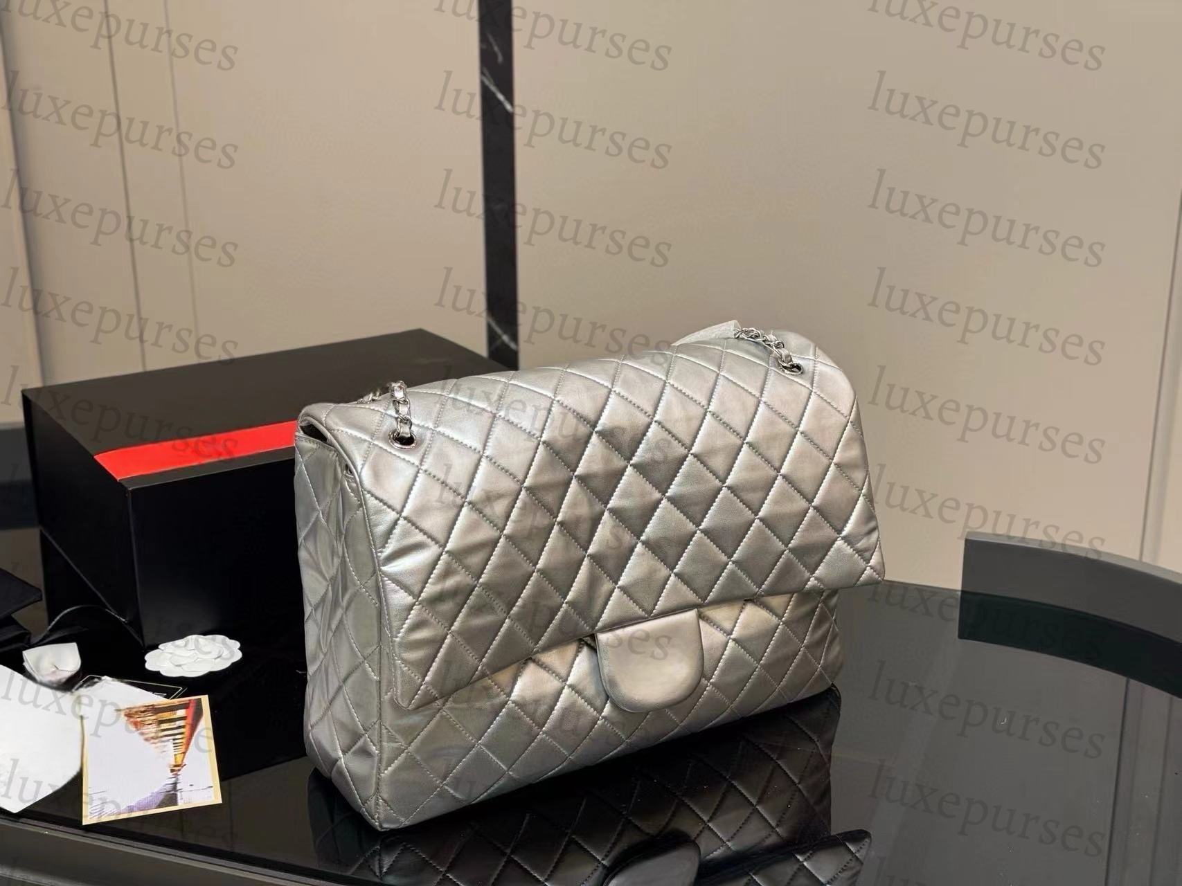 Vintage Luxury Designer Bag Maxi Flap Shoulder Tote Travel Bag Silve Retro Handbag for Women Airport Large 40cm Vintage Leather Tote Luxury Designer Travel Bag