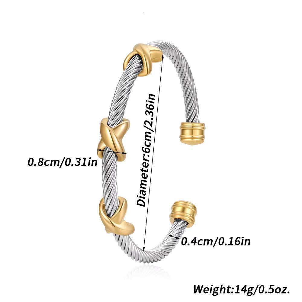 DHCollections 8MM Stainless Steel Cable Bracelet with Gold X Design Adjustable Bangle