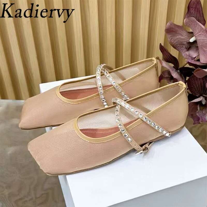 Crystal Woman Square Toe Ankle Lace Up Mary Jane Female Mesh Leather Hollow Outs Summer Flat Shoes For Women