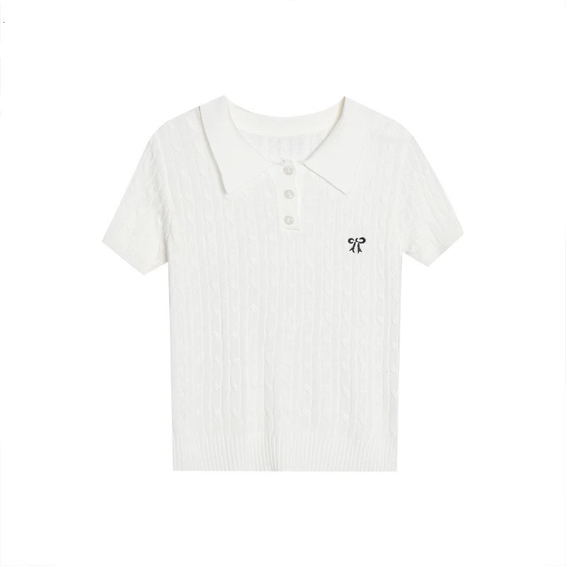 Spring womens commuting polo knit short sleeved summer bow embroidered solid Tshirt 250425