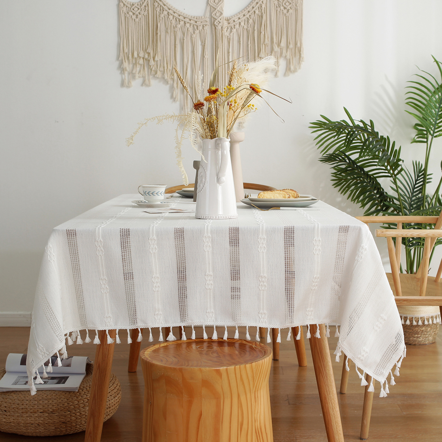 W54 Rectangular Symmetrical Striped Table Cloth - Cotton & Linen Blend for Coffee Tables