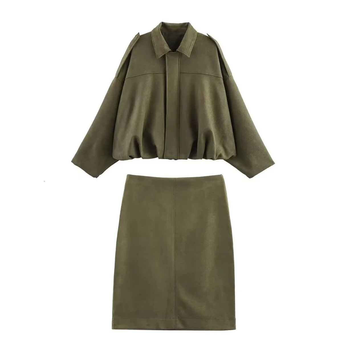 PB ZA 2025 Womens Olive Green Cut Shirt and Pencil Skirt Set Shoulder Details Fashionable Exquisite 250430e