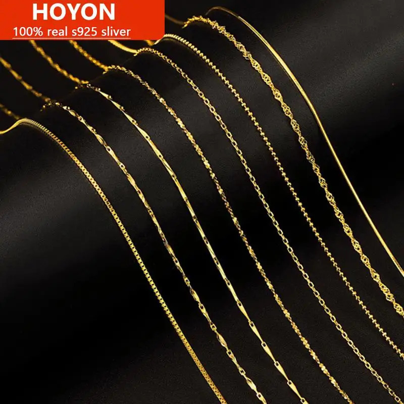 HON Pure 14k gold-plated necklace for women real gold box/cross/snake bone/water wave/Kravik chain jewelry 250425