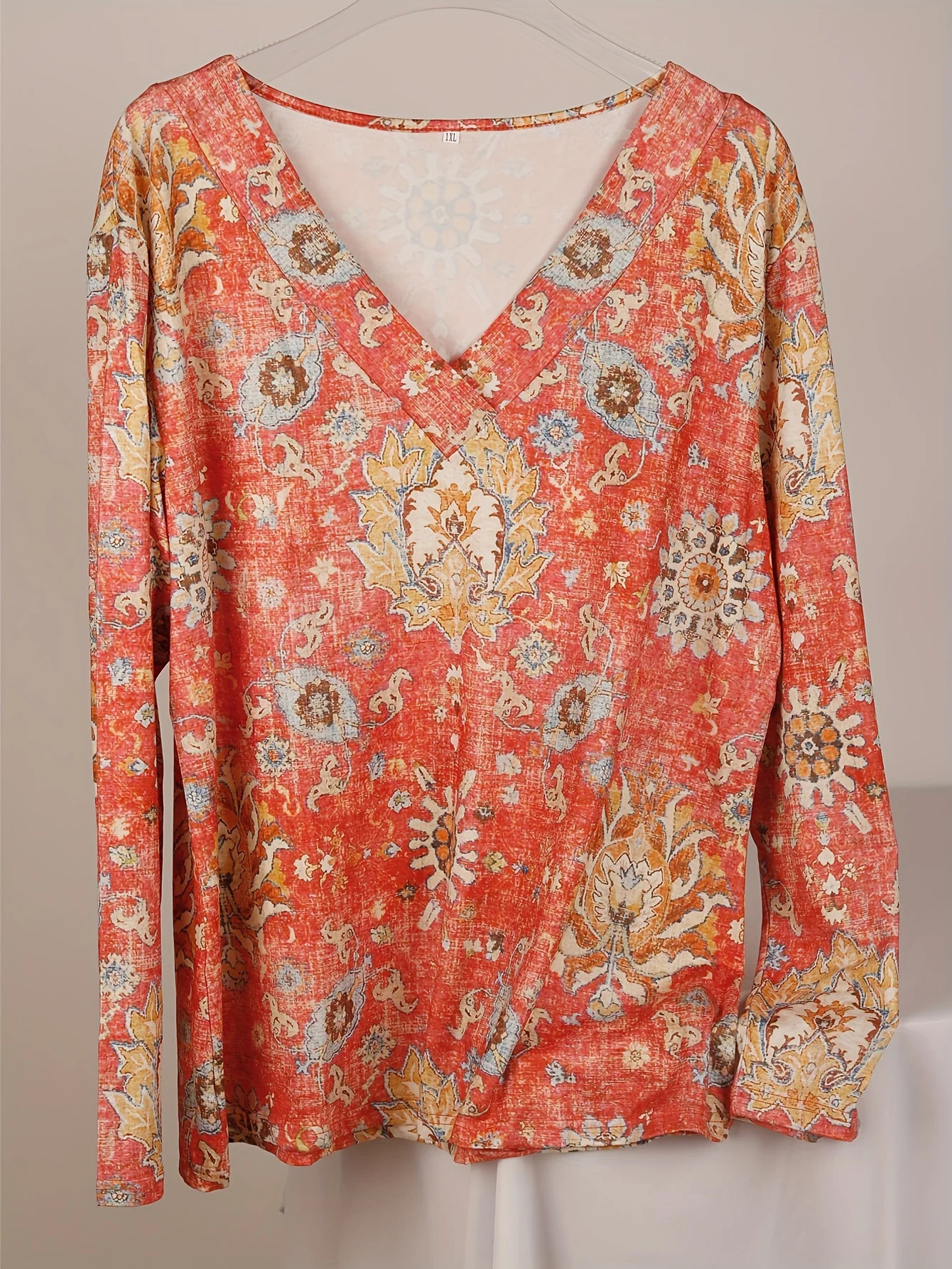 Enlarged Bohemian Top Womens Printed Long Sleeve Tshirt Casual Vneck Small Stretch 250430