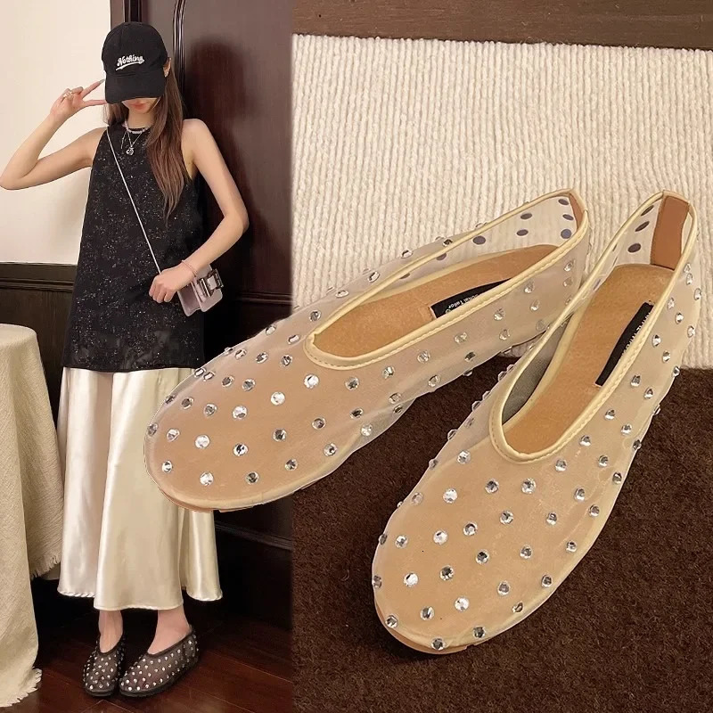 Womens Flat Shoes Mesh-edge Upper Rhinestones Soft Soles Shoes Women Dress Breathable Fairy Style One Kick Zapatillas De Mujer 250428
