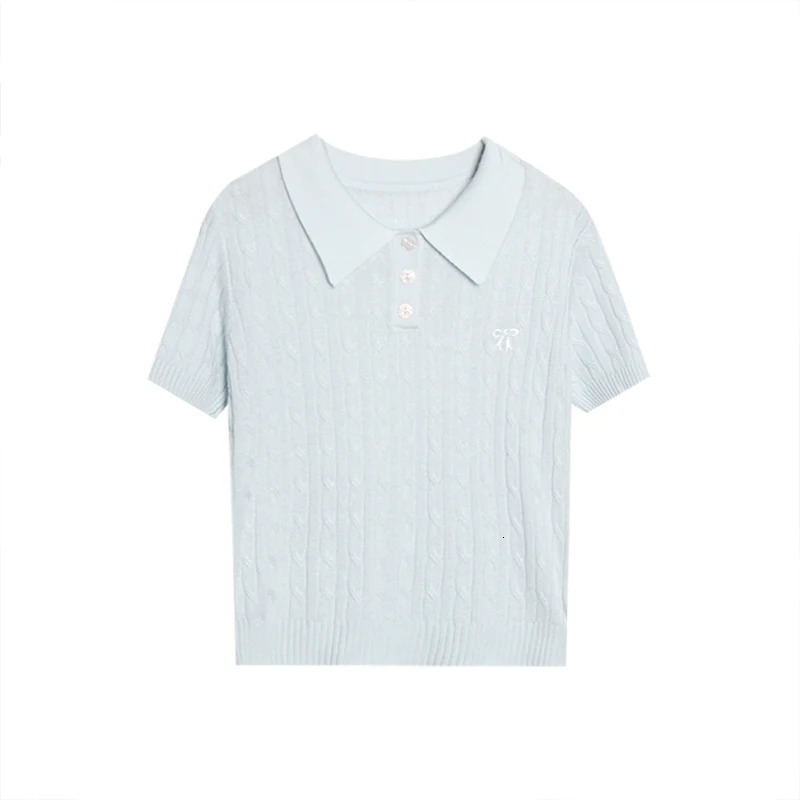 Spring womens commuting polo knit short sleeved summer bow embroidered solid Tshirt 250425