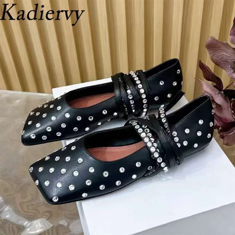 Crystal Woman Square Toe Ankle Lace Up Mary Jane Female Mesh Leather Hollow Outs Summer Flat Shoes For Women