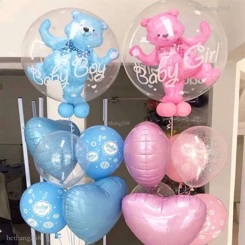 4D Transparent Baby Shower Boy Girl Bear Bubble Ball Kids 1st Birthday Party Blue Pink Helium Balloon Gender Reveal Decoration 240809