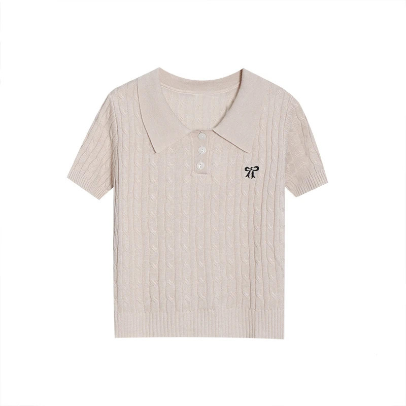 Spring womens commuting polo knit short sleeved summer bow embroidered solid Tshirt 250425