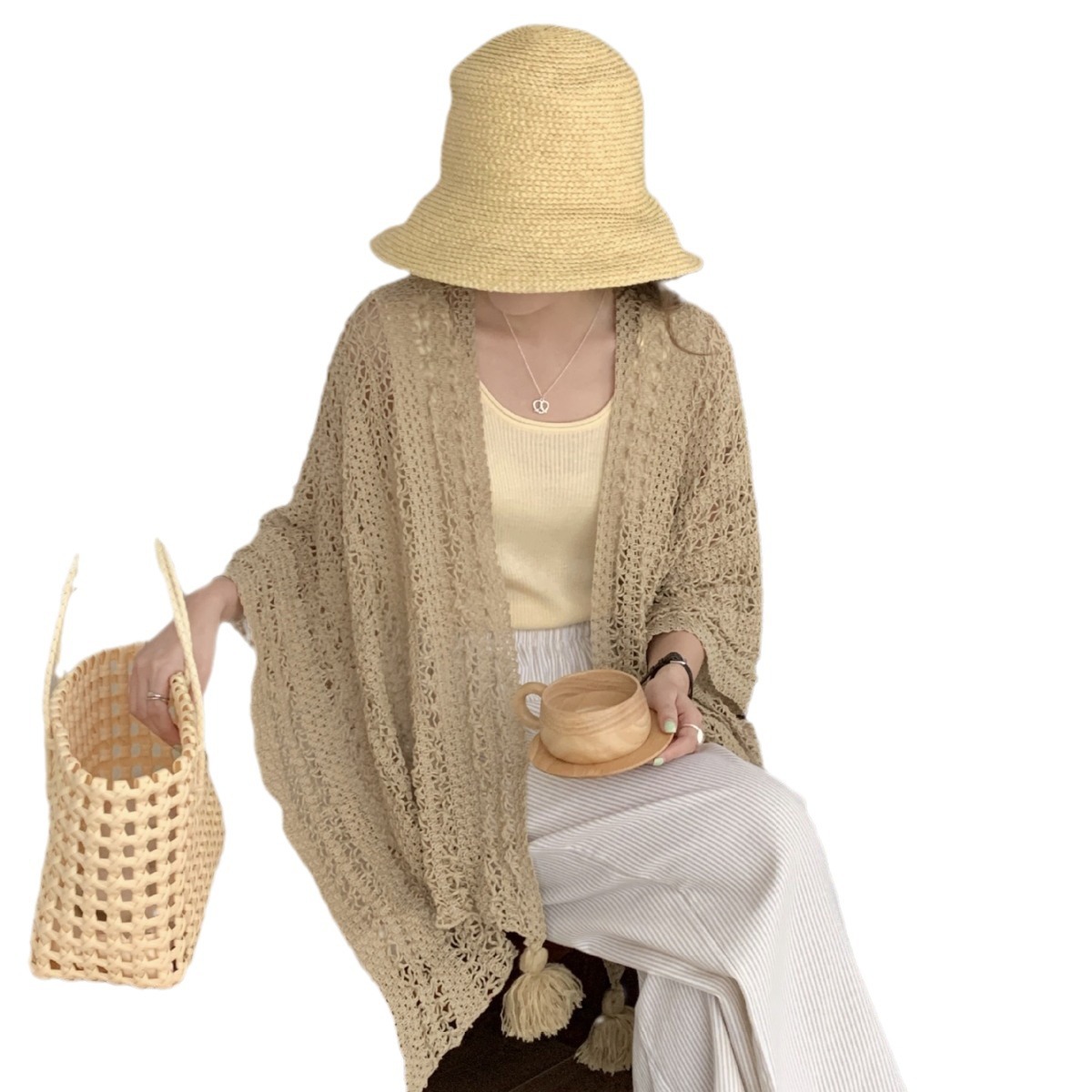 K605 New summer thin sunscreen cool shawl solid color hollow mesh slit tassel travel Korean style outer cape