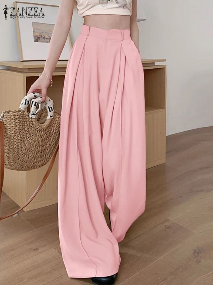 ZANZEA Summer Mens Street Clothing Womens High Waist Bag Pantalon Elegant Loose Wide Leg Pants Fashion OL Wok Palazzo Oversized 250427