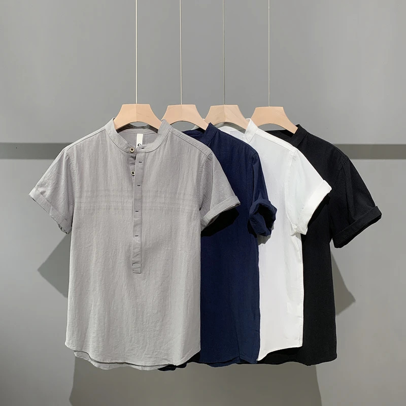 100 pure cotton summer mens Tshirt Henry collar button design short sleeved shirt thin breathable solid color casual 250430Z
