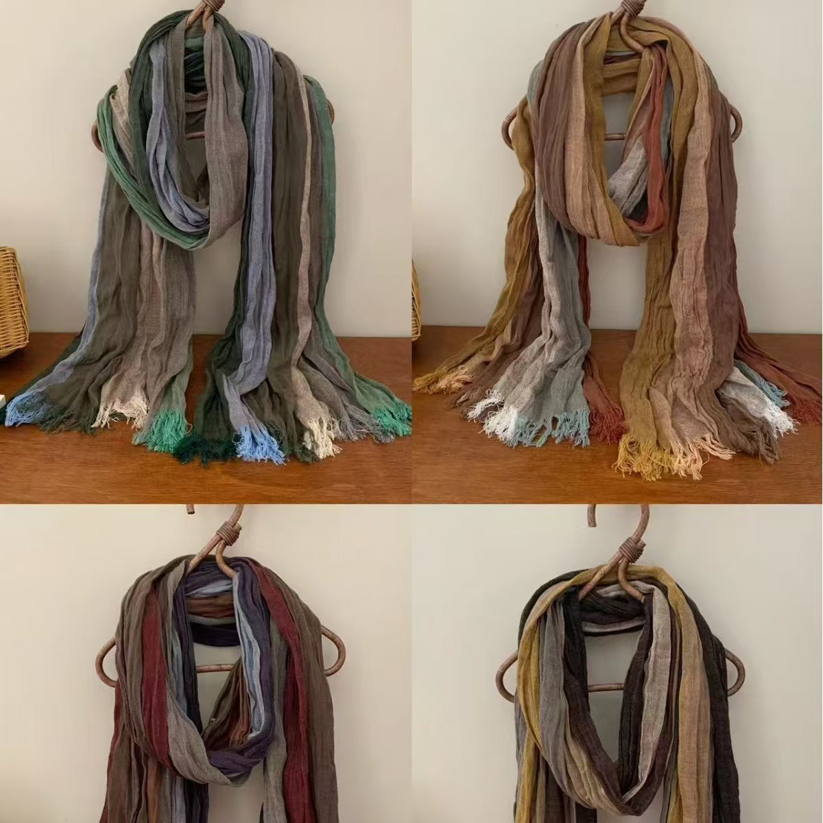T618 new scarf cotton and linen feel gradient blue autumn and winter scarf retro versatile printing ladies long pleated shawl