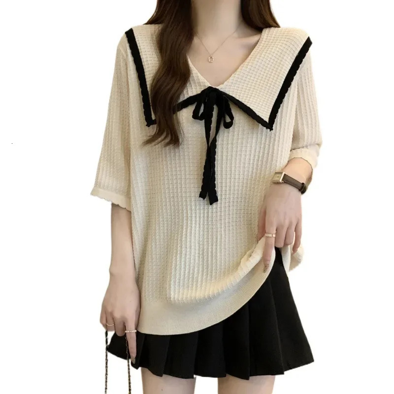 Plus size plus ice silk knitted short sleeved Tshirt with bow loose slimming collar elastic shoulder womens Oh my goodness 250430Z