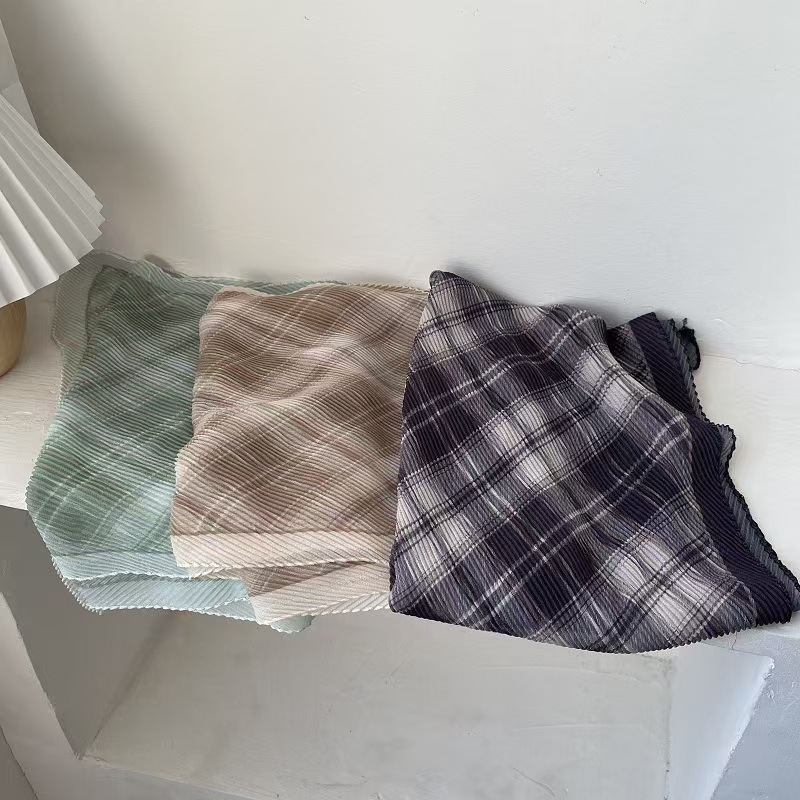 T619 plaid wrinkled scarf spring and summer Korean style temperament sunscreen gauze scarf neck scarf female long pleated