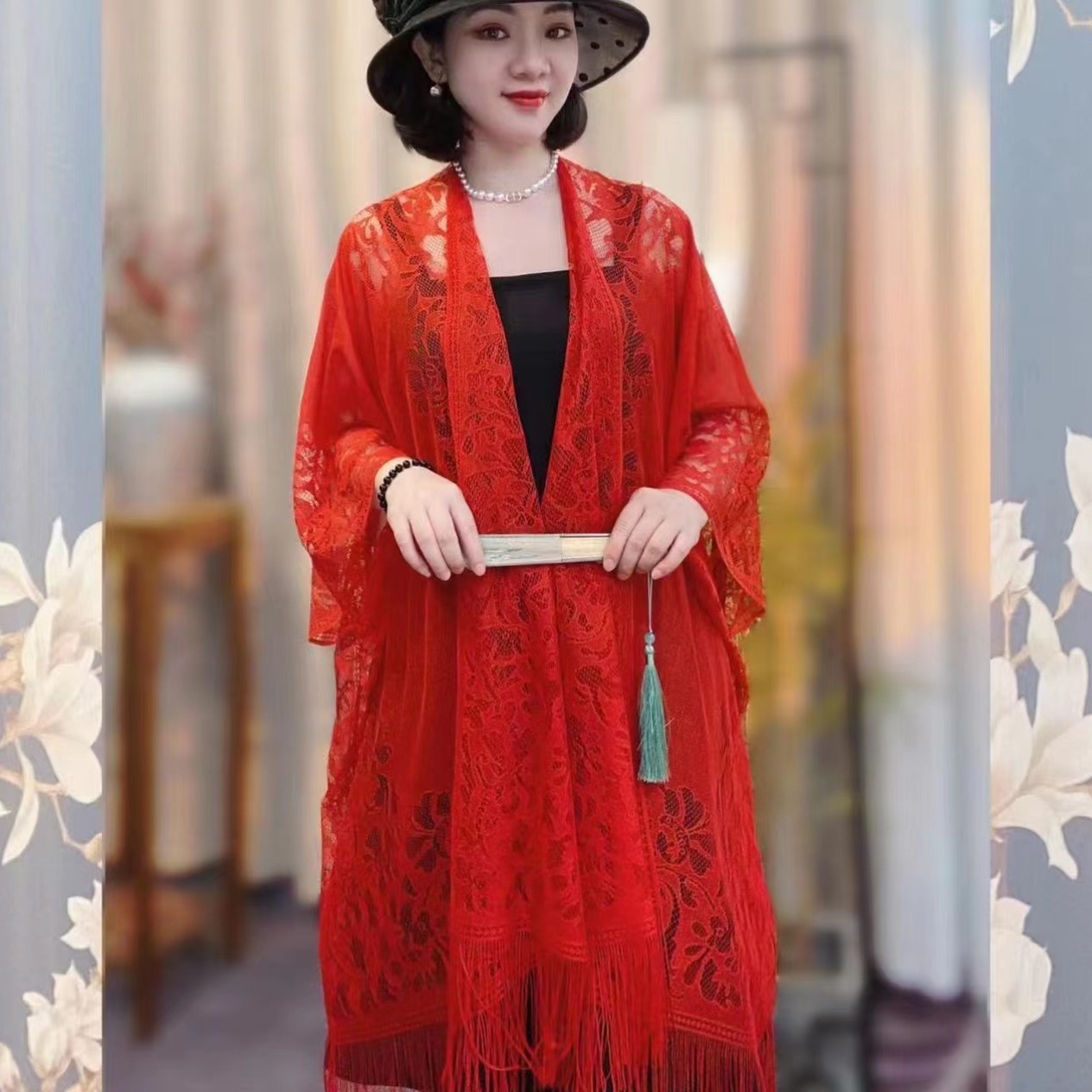 K606 Summer Chinese retro all-match thin sunscreen shawl hollow tassel cape outer wear cheongsam cardigan jacket cape
