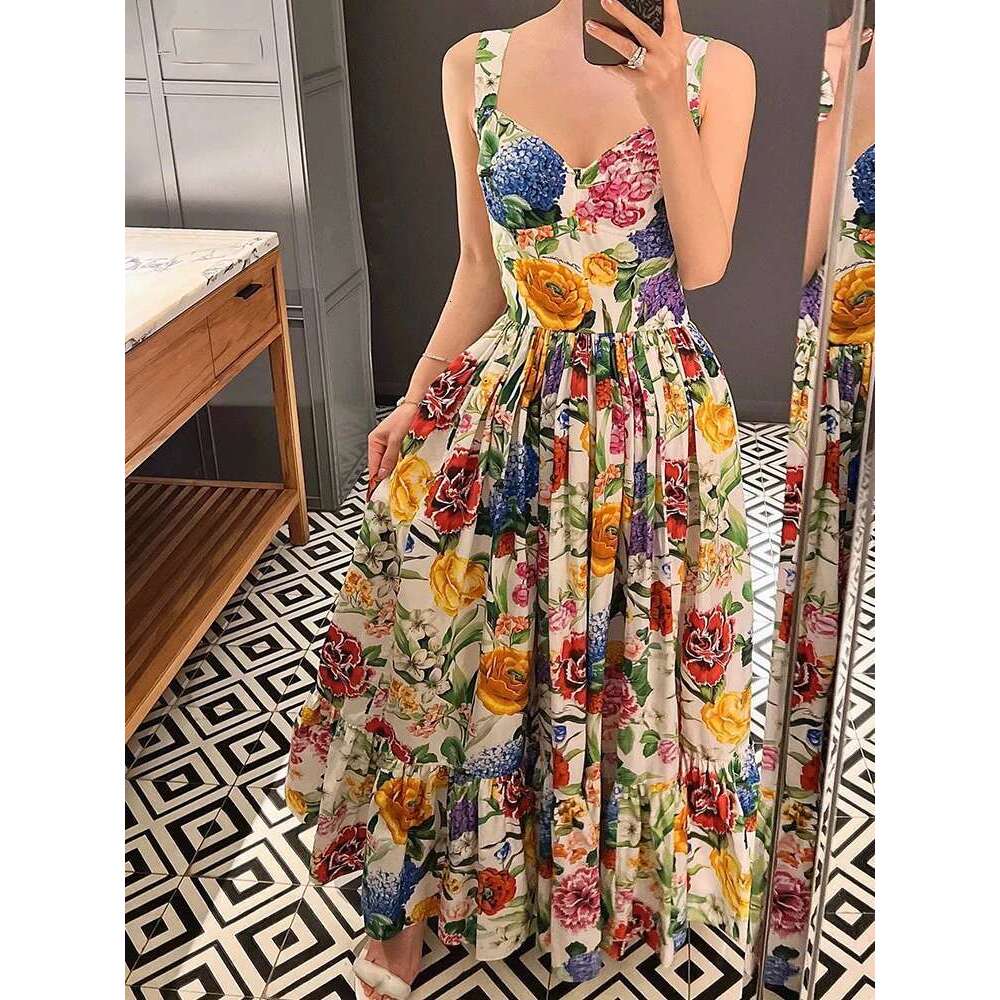 Fashion Clothing Women 2025 Summer Women's New Peach Heart Printed High Waist Dress Elegant Temperament Long Holiday Beach Skirt With Suspenders.