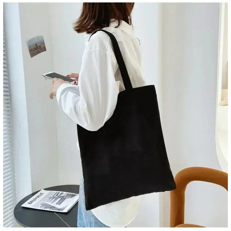 Large capacity black and white canvas shoulder bag foldable ecofriendly cotton handbag reusable DIY shopping 250428