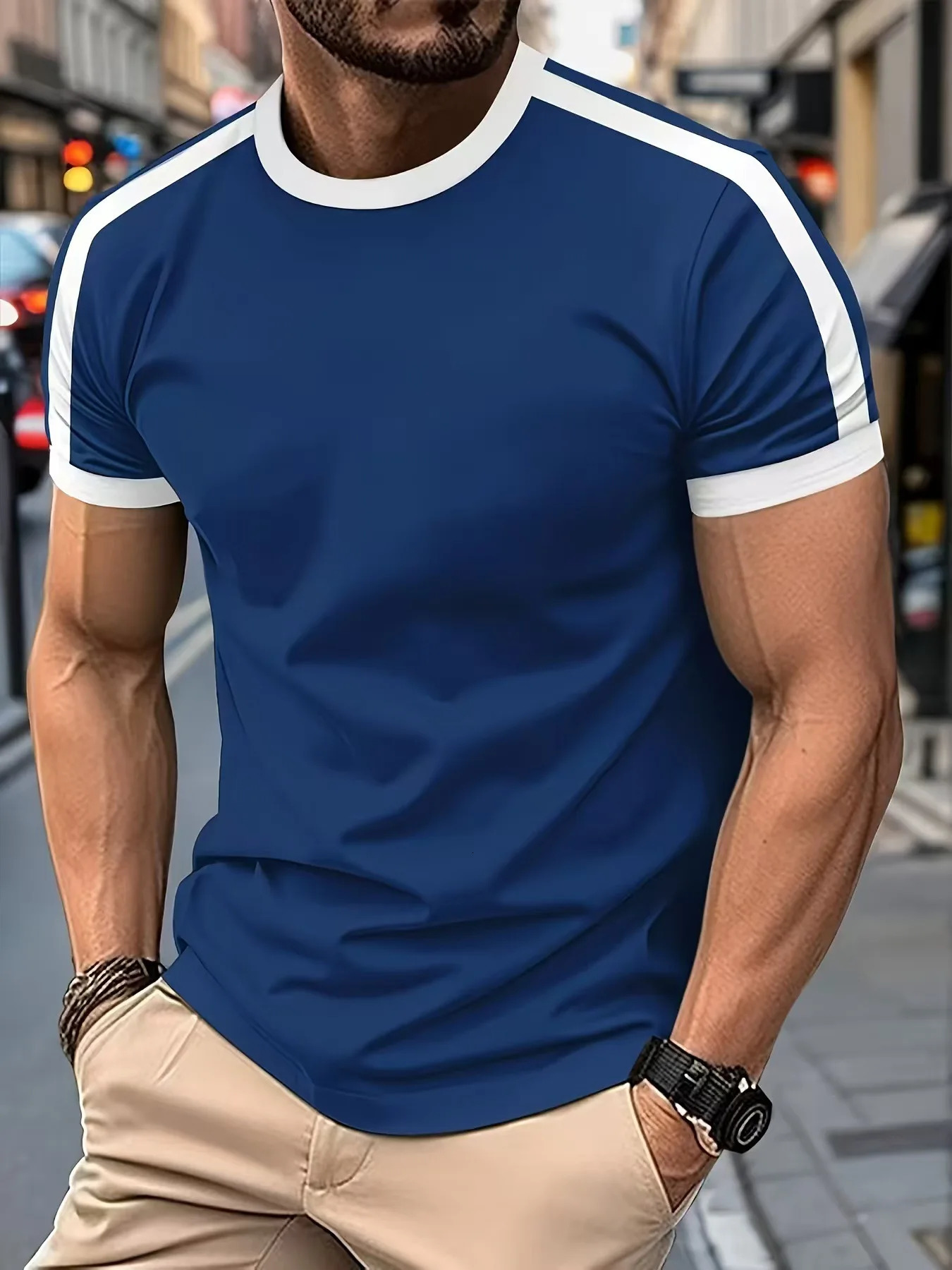 Mens casual short sleeved European and American sports fitness color matching mens Tshirt 250430Z