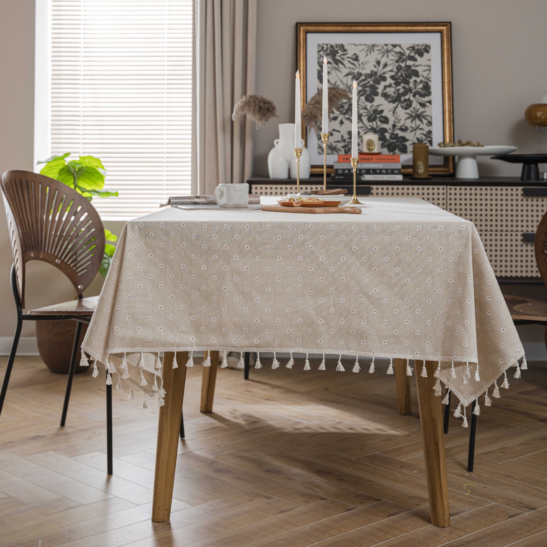 W48 New Chinese Retro Blue and White Porcelain Cotton and Linen ins Rectangular Dining Table Tablecloth Tassel Table Mat Coffee Table Tablecloth