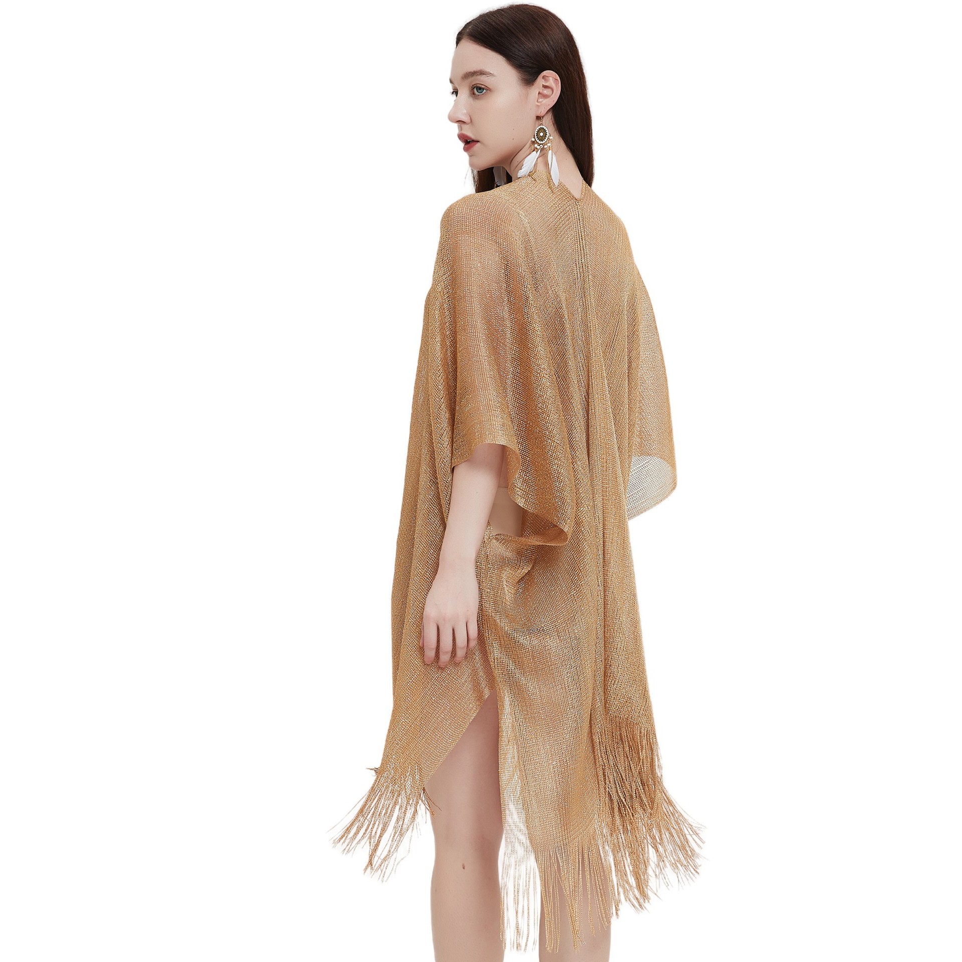 K604 Cross-border hot foreign trade European and American new cuffs gold and silver silk tassel cape female solid color summer transparent thin shawl