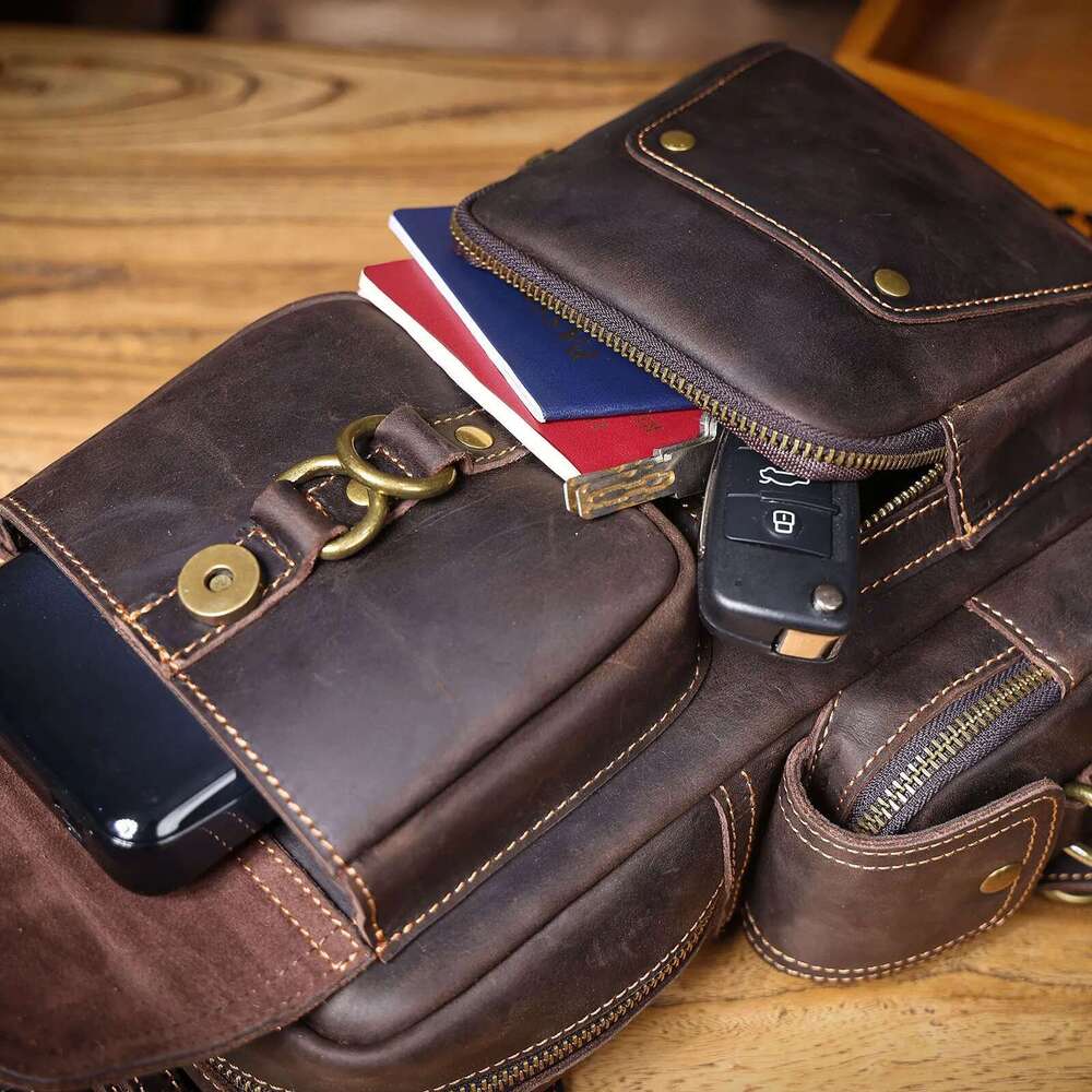 Vintage Genuine Chest For Men Full Grain Leather Crossbody Sling Bag Daypack Large Capacity